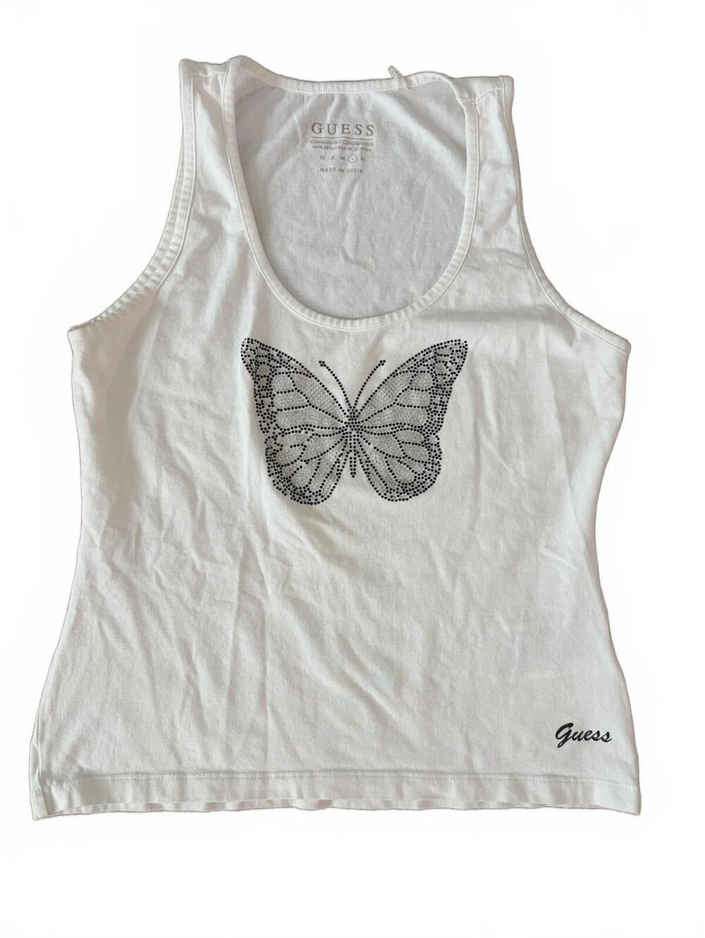 GUESS Tank Top Womens Size L White Rhinestone Butterfly Graphic Scoop Neck